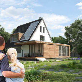 Ein Paar betrachtet ein modernes Einfamilienhaus mit Solaranlage und großem Garten.